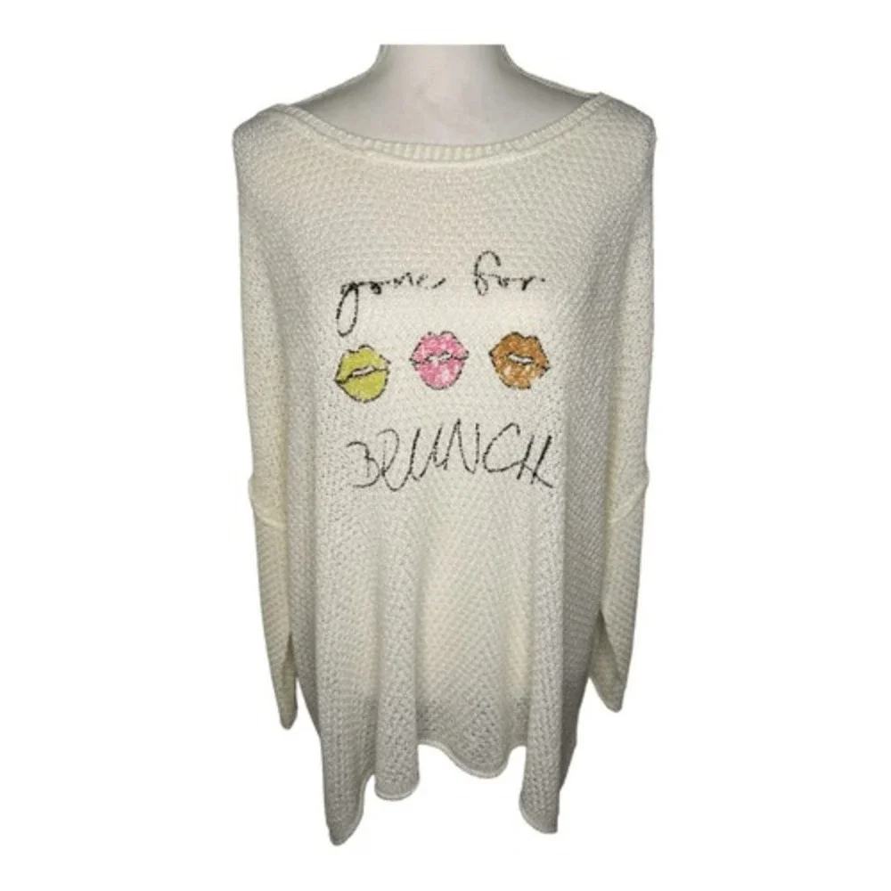 POL Cream Knit Brunch Lips‎ Graphic Pullover Sweater Medium Oversized